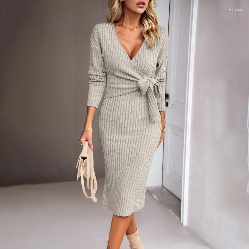 Casual Dresses Women Winter 2023 V-neck Long Sleeve Knitted Strap Dress Bodycon Tie Up Office Lady Solid Female Black