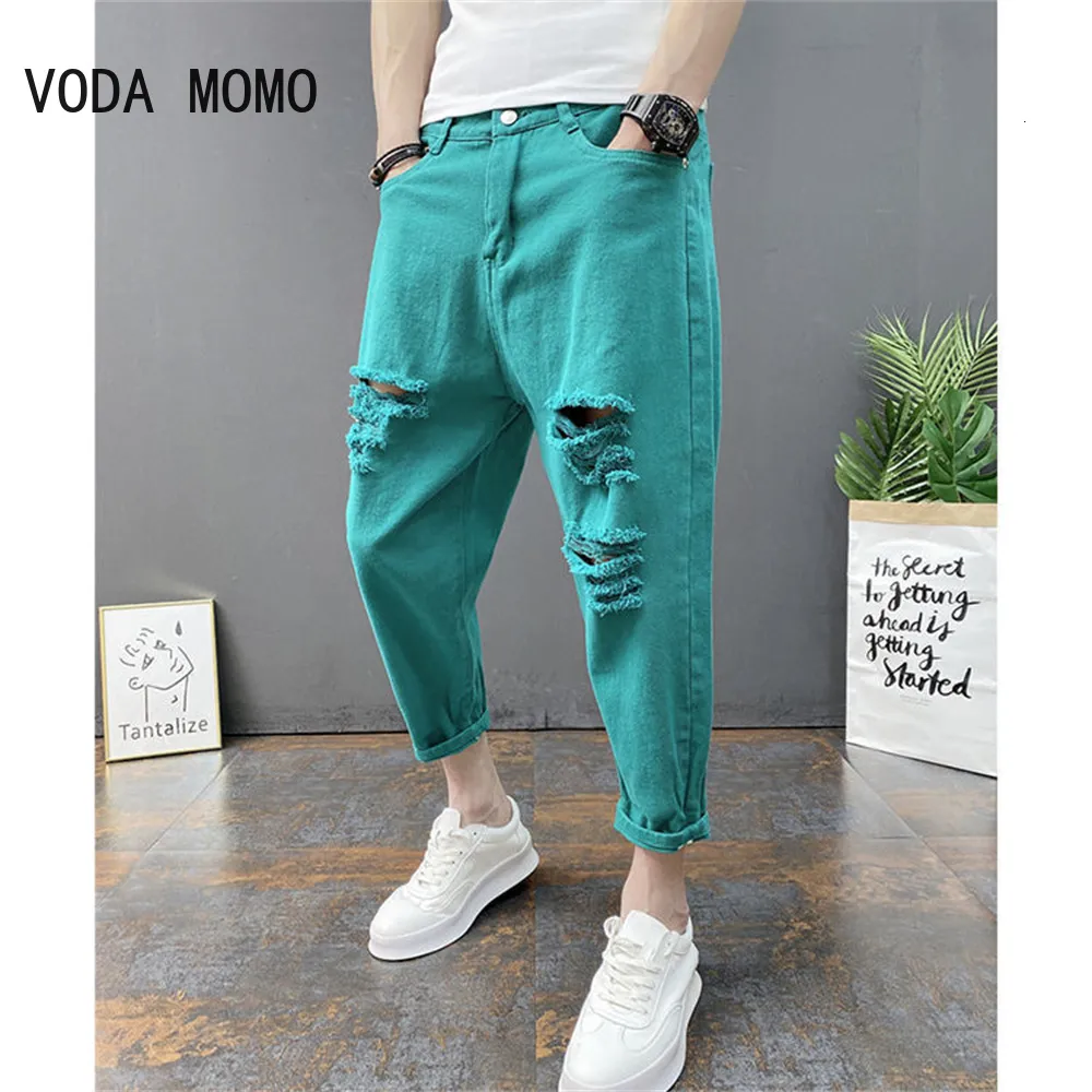 Mens Jeans Japanese Trend Ripped Hole White Green Black Ankle Längd Youth Fashion Loose Denim Harem Cargo Pants 230725
