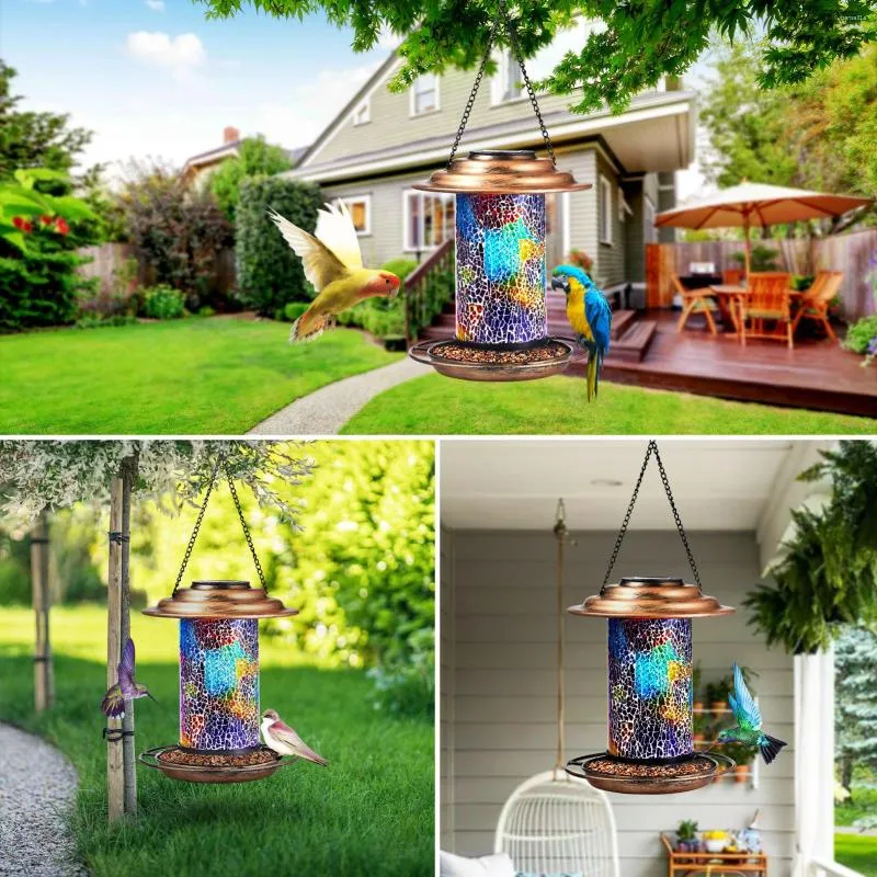 Garden Decorations Solar Bird Feeder LED Light Mosaic Glass Finish Outdoor Decoration Pendant