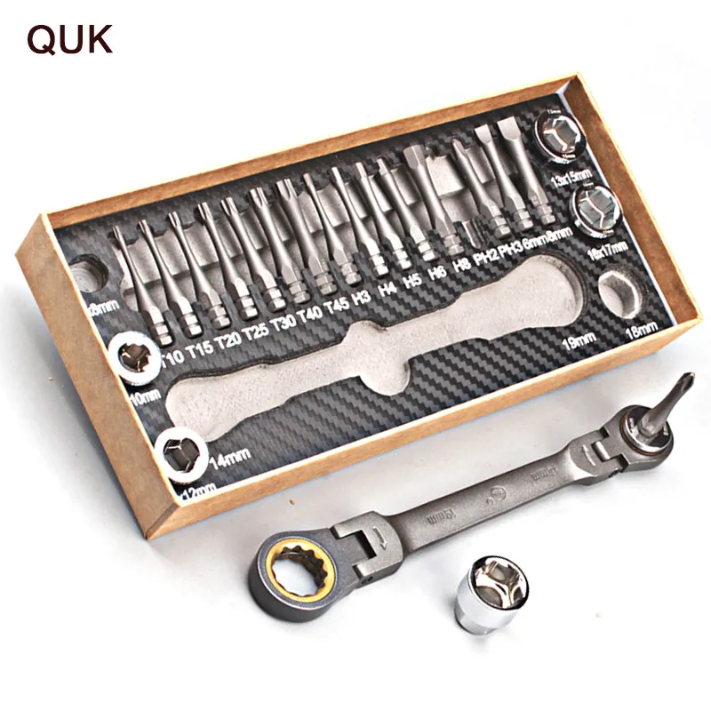 Destornilladores QUK 23 piezas Juego de llaves Torx de trinquete Universal Ajustable Llave de doble extremo Enchufes Destornillador Bits Reparación de bicicletas para automóviles Herramientas manuales 230724