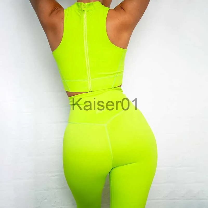 CXUEY Neon Yellow Yoga Set For Women Back Zip Sport Suit For Gym