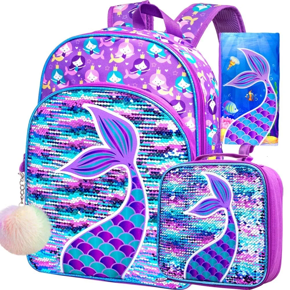 Schooltassen 3PCS Zeemeermin Rugzakken voor Meisjes 16 "Kleine Kid Pailletten Voorschoolse School Boekentas en Lunchbox 230725