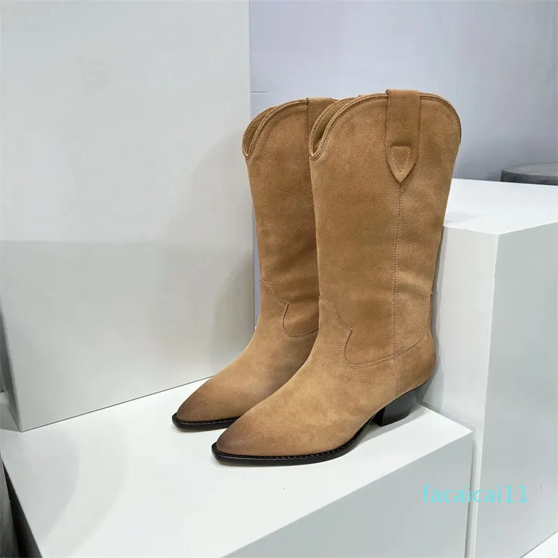 Designer Women Shoes Suede Western Boots äkta läder västerländsk stil med låg block häl stövlar mode riktiga foton