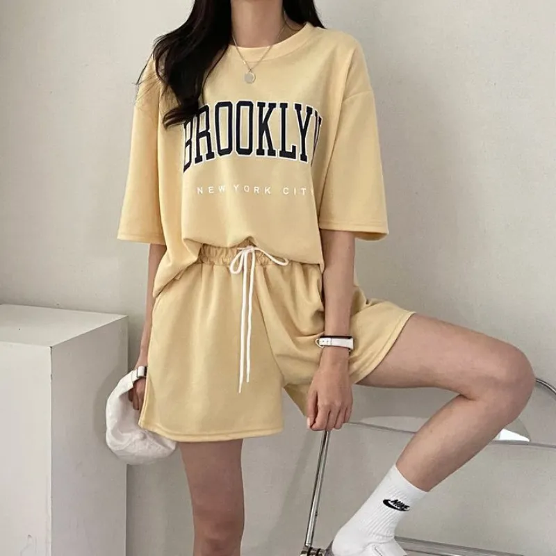 Tweedelige damesbroek Katoenen T-shirt en short voor dames zomerset BROOKLYN bedrukt tweedelige klassieke oversized damessportkleding 230720