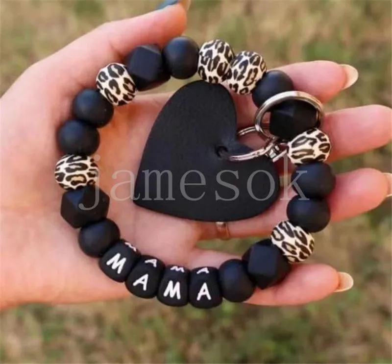 Perline in silicone con stampa leopardata MAMA Bracciale Portachiavi da polso Portachiavi carino chiavi della macchina Regalo la mamma df098