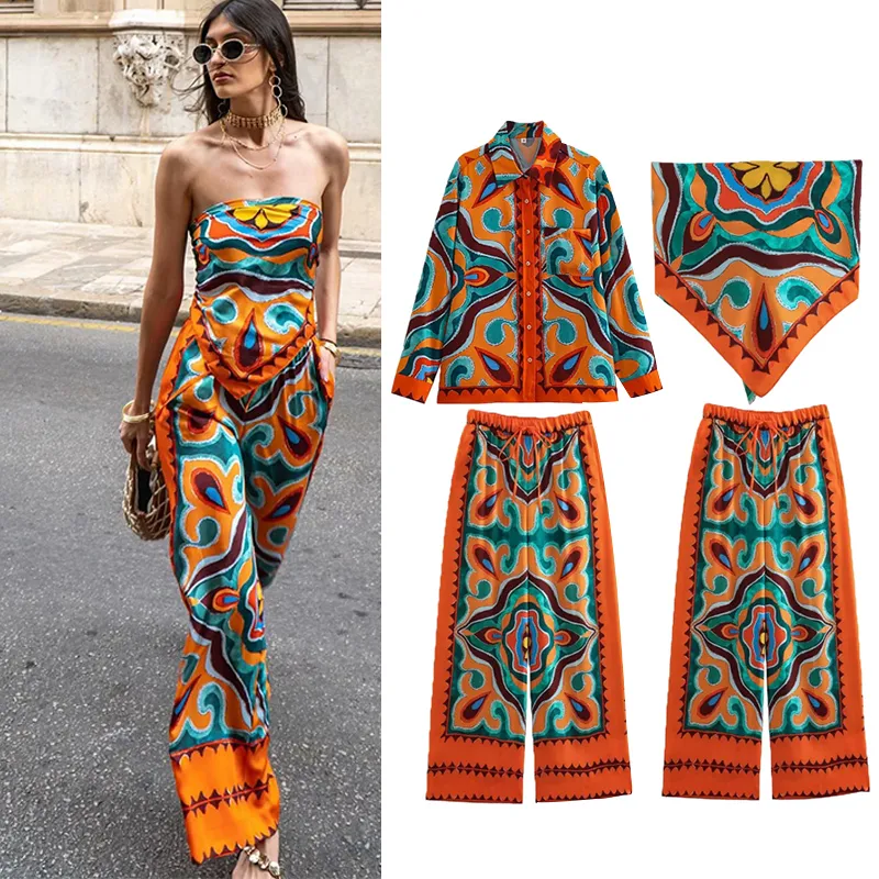 Women Dwuczęściowe spodnie Traf 2cece Set Set Summer Fashion Printed Sependers Elastyczne garnitury w talii Chic Eleganckie wakacje 230724