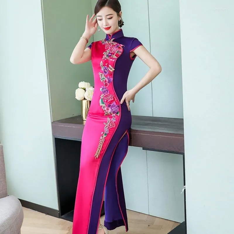 Etniska kläder traditionella kinesiska klänningar maxi qipao kort ärm hög slits cheongsam ao dai vietnam sexig oriental ta1925
