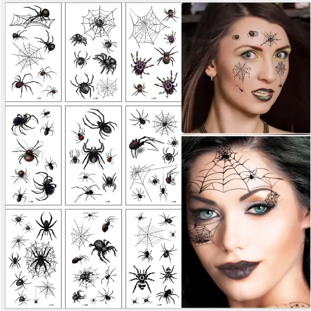 10 feuilles/paquet nouveau maquillage de visage de vacances d'halloween et conception de masque d'araignée et de cicatrice faux autocollant de tatouage imperméable temporaire