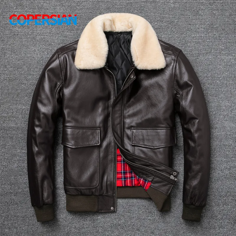 Chaqueta de vuelo de cuero de imitación de cuero para hombres Chaqueta de vuelo de la fuerza aérea Cuello de piel Chaqueta de cuero de vaca de capa superior genuina Hombres Abrigo de vaca marrón negro Chaqueta de invierno para hombres 230724