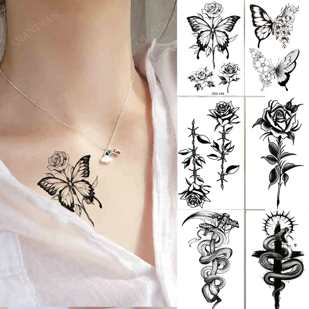 Vattentät tillfällig tatuering klistermärken fjäril Snake Rose Flower Gun Dark Flash Liten Women Body Art Wrist Neck Fake Tattoos Men