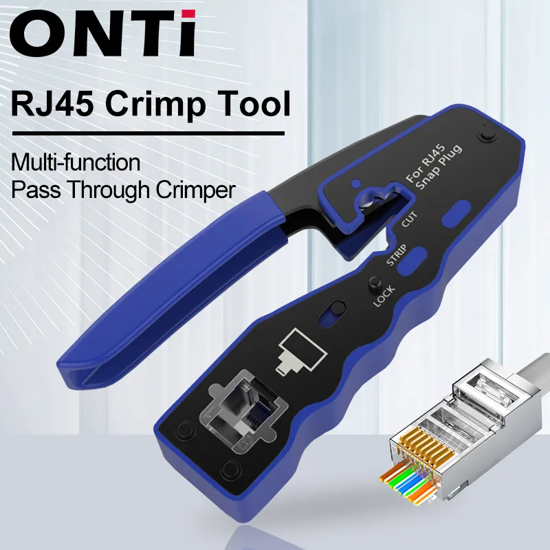 Инструмент Onti RJ45 Crimper проходит через обжим для обжима Cat8/7/6/5 Cat5e Connector с заменой лезвия Ethernet Cable Stripper