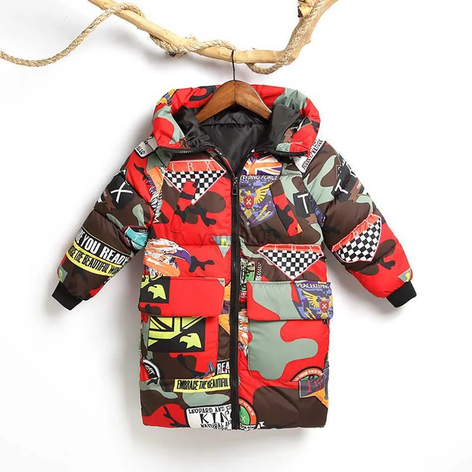 Down Jas MUABABY Kids Winter Warme Dikke Jas Kinderen Lange Jas Hooded Katoenen Kleding Tiener Mode Bovenkleding 2- 12T HKD230725