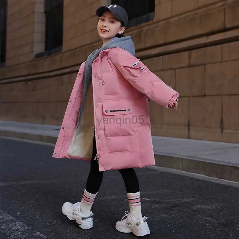 Down Coat 2022 New winter children's down jacket Girls' pink fashion long duck down coat Girls waterproof and anti-fouling warm thick coat HKD230725