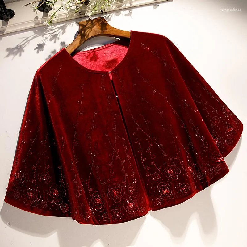 Scarves Women's Autumn Winter Diamonds Beaded Wine Red Velvet Pashmina Female Warm Shawl Cloak Collar R1642