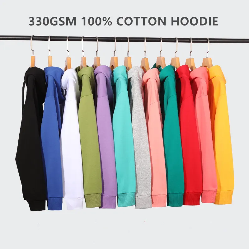 Logo personnalisé Mens Hoodie Femmes 100% Coton Unisexe Sweat Pulls Automne Noir Blanc DIY Plain Sublimation Blank Sweatwear Top 330gsm