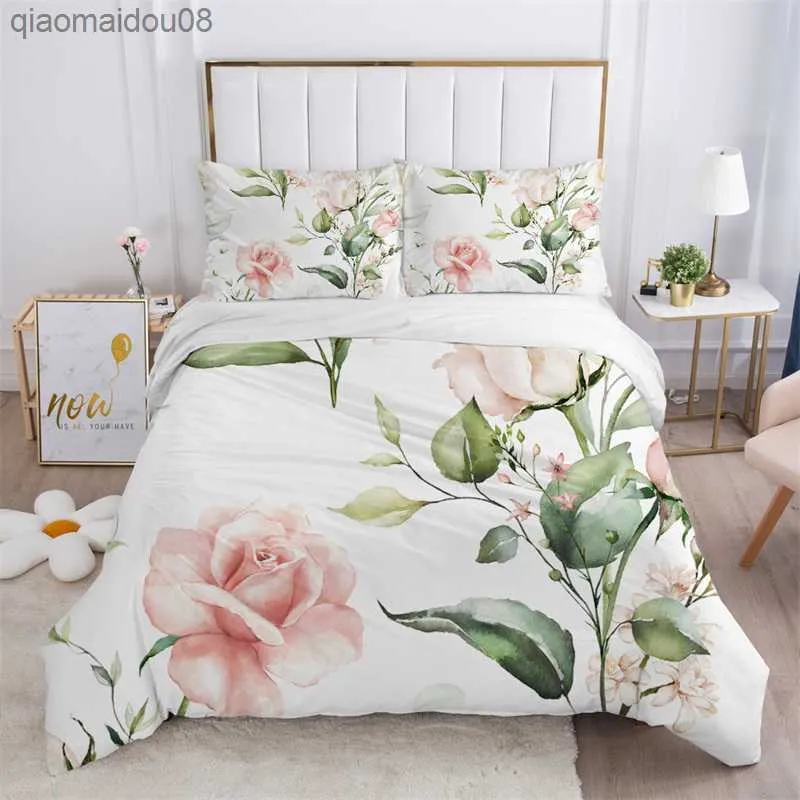 Set biancheria da letto bianca fiore rustico Set copripiumino floreale foglie albero in microfibra Set copripiumino stampa 3D con custodie Room Decor L230704