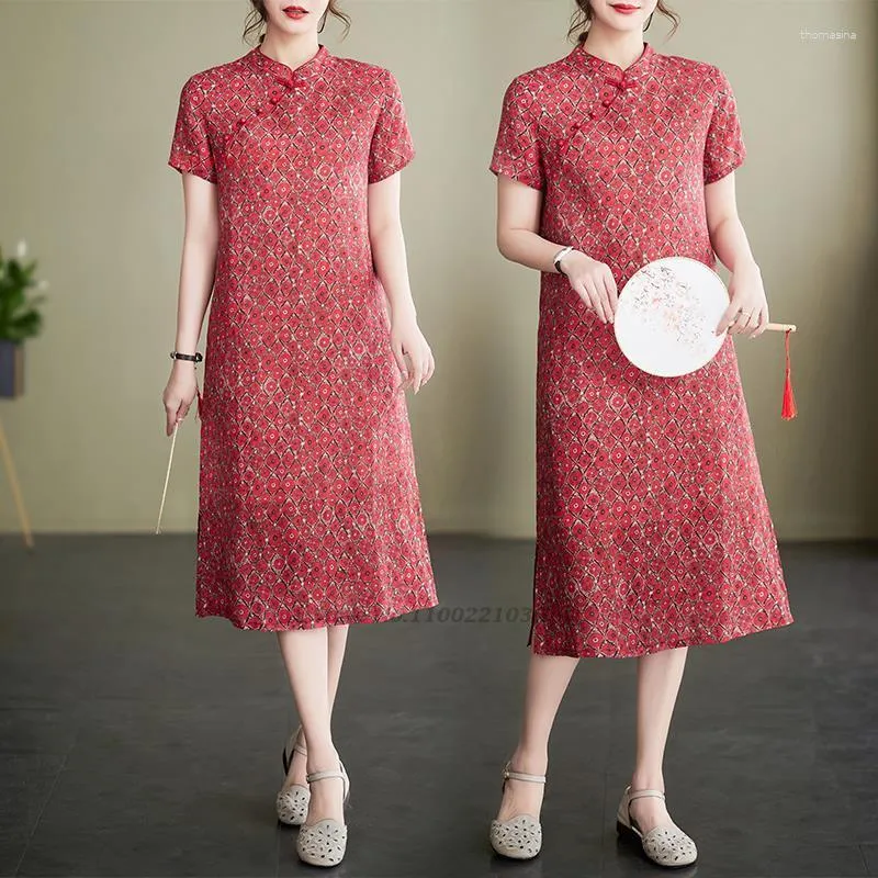 Vêtements ethniques 2023 chinois amélioré Cheongsam robe traditionnelle fleur imprimé coton lin Qipao Vintage Style folklorique