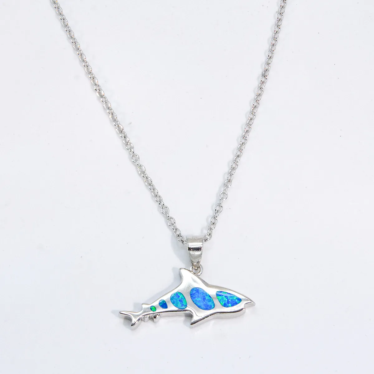 2023 New S925 Silver Sea Ocean Wind Blue Opal Shark Pendant Necklace Fashion Women's Seater Chain Opal Necklace