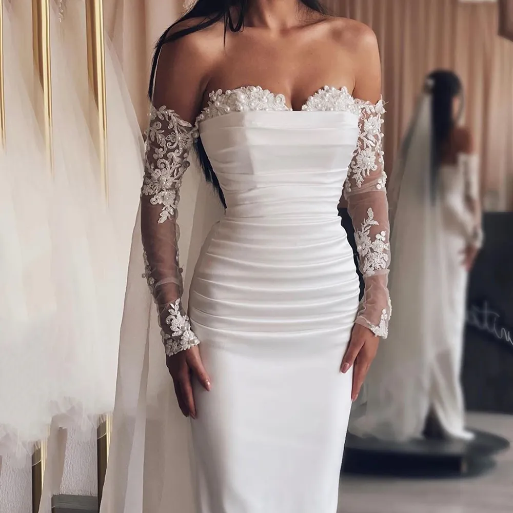 Elegant Boho Wedding Dresses Pearl Lace Off The Shoulder Long Sleeves Pleats Straight Bride Party Gowns Floor Length 2024 Vestido De Noiva