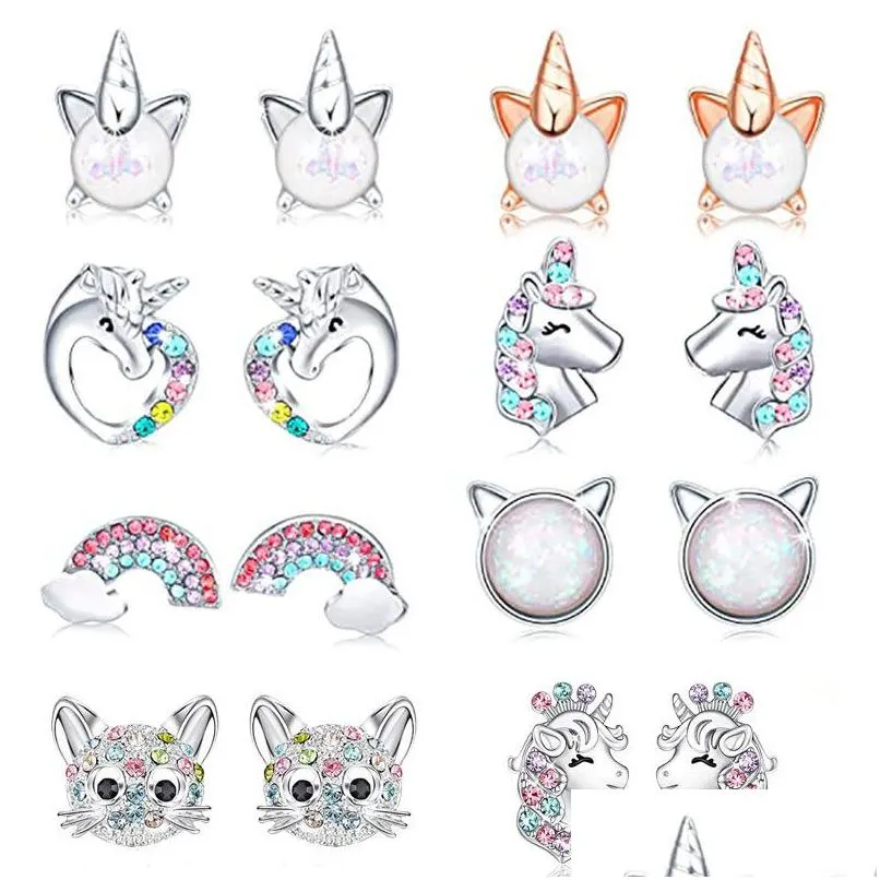 Stud Mignon Licorne Boucles D'oreilles Pour Petite Fille Enfants Cristal Chat Papillon Arc-En-Cœur Étoile Boucle D'oreille Cadeau De Noël Bijoux Drop Delivery Dhbjz