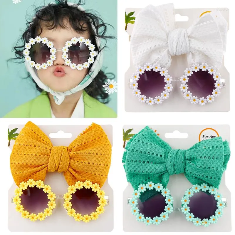 Acessórios para o cabelo bebê meninas fashion sunflower óculos de sol conjunto de faixa de cabelo 2 pçs faixas de cabeça verão praia acessórios de fotografia