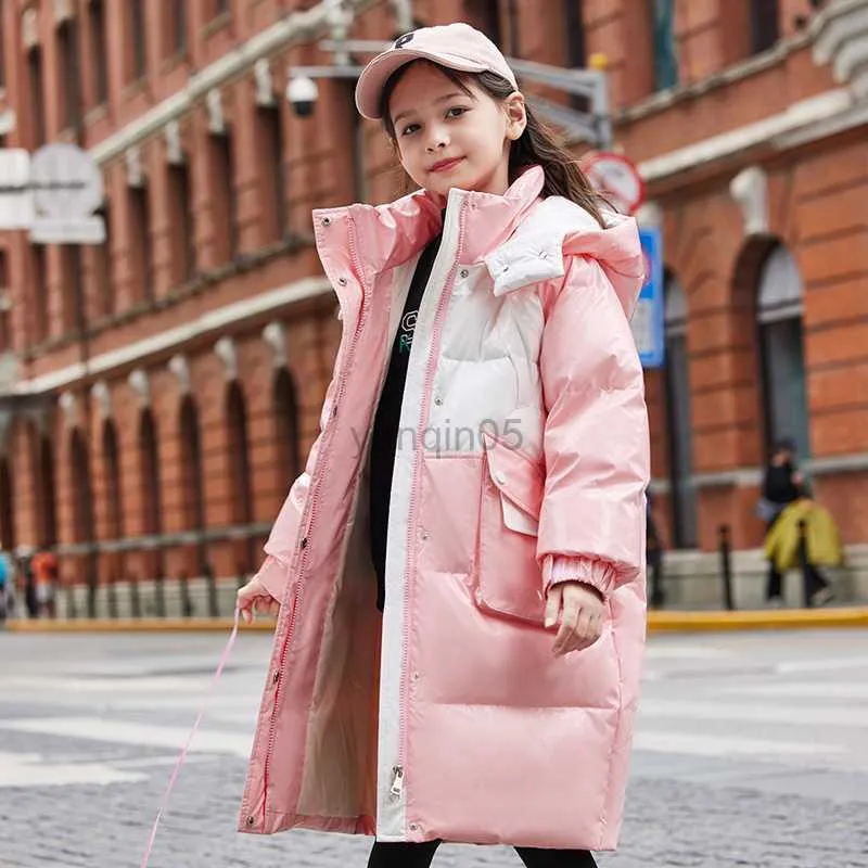 Down Coat Girls Down Jacket 2023 Glossy Winter Long Feather Coat White Duck Down Loose Parkas Kids Kläder Barn Shiny Puffer Snowsuit HKD230725