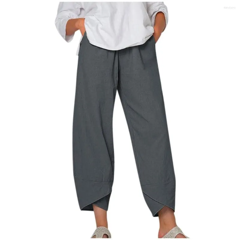 Women Elastic Waist Pants Linen Summer Casual Long Wide Leg Trousers With  Pockets_p