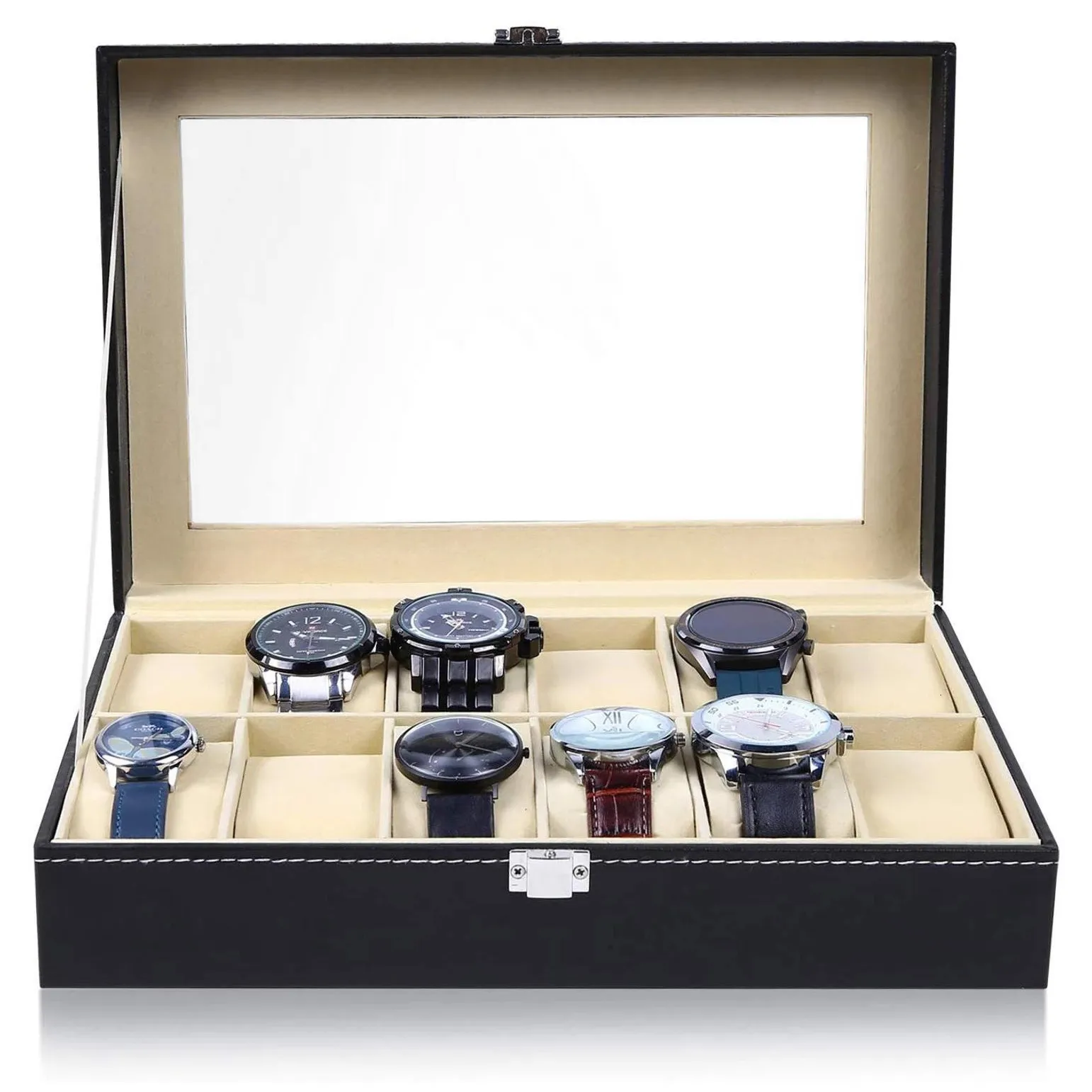 Boîtes de montres Cas 6/10/12 grille en cuir boîte de montre présentoir support noir boîte de rangement verre bijoux organisateur boîte-cadeau 230725