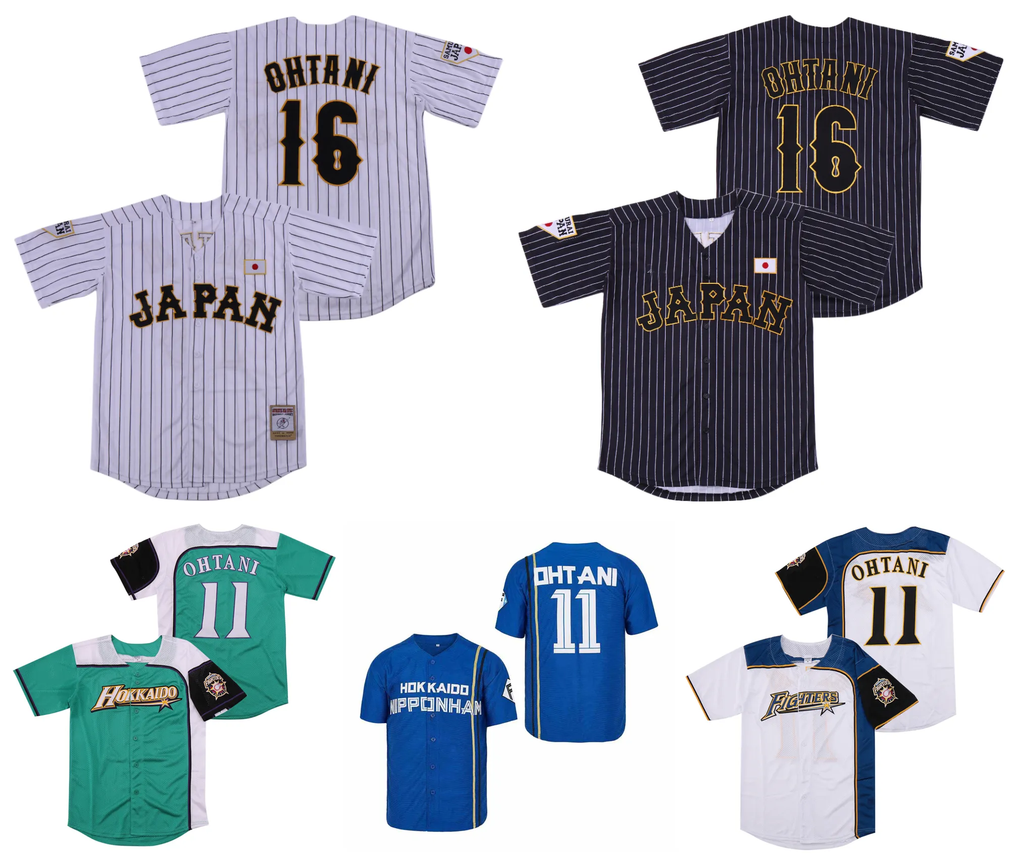 Sl Japan Samurai 16 Shohei Ohtani Black blanc Stripe Stripe Pinstriped Hokkaido Nippon Ham Fighters Movie 100% Ed Baseball Jersey SIZE S-4XL