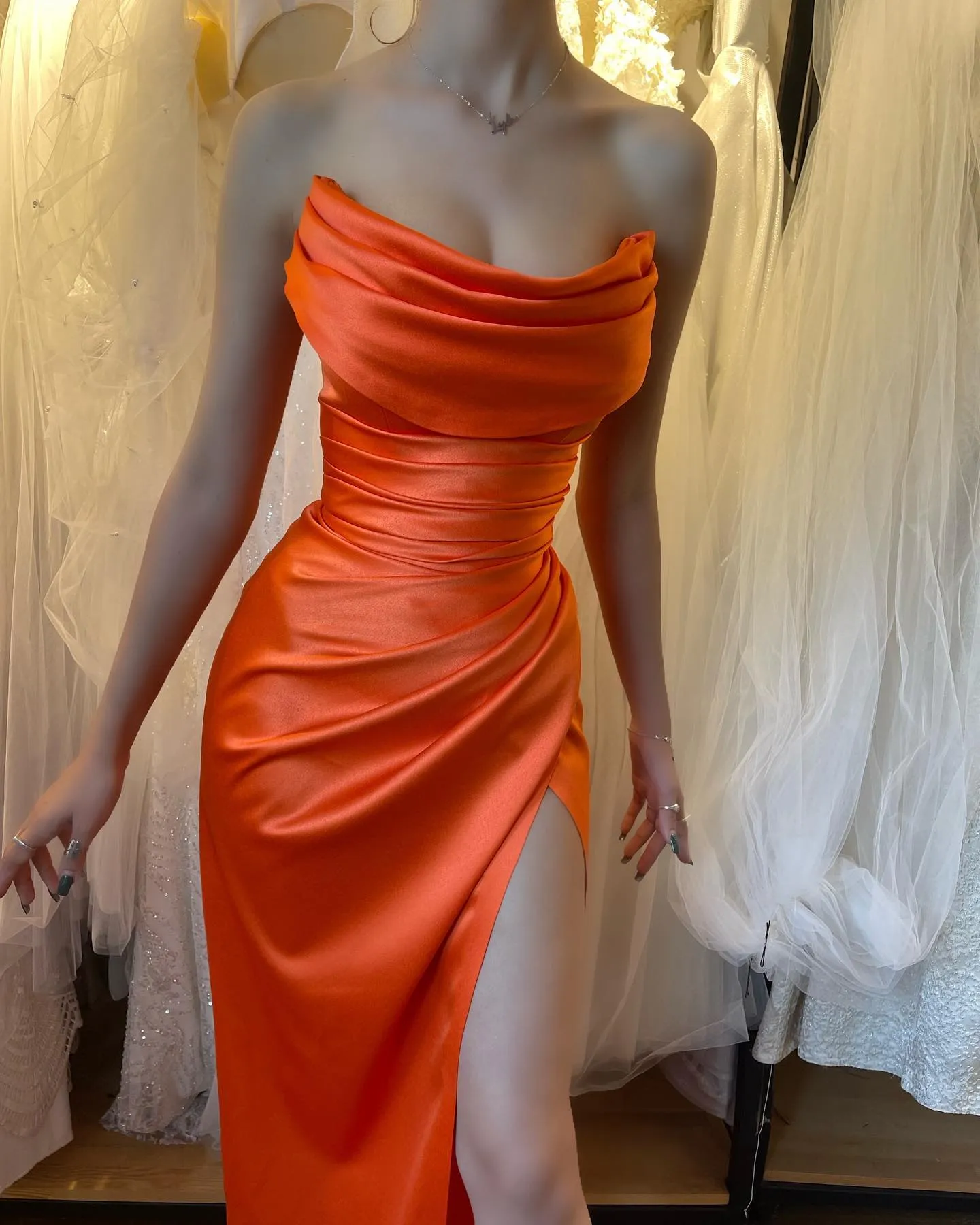 open lace back dress Amazing Long Orange Strapless Sequined Prom Dress with Slit – misshow.com main image 0