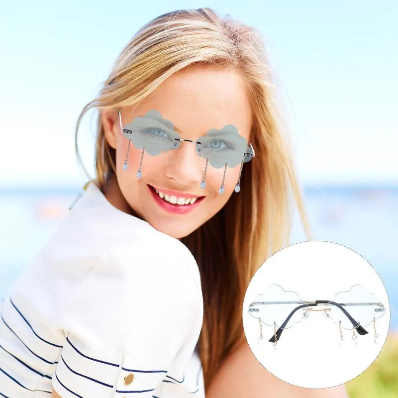 Sunglasses Rimless Cloud Vintage Shaped Glasses Eyewear Frameless With Raining Pendant ( Blue )
