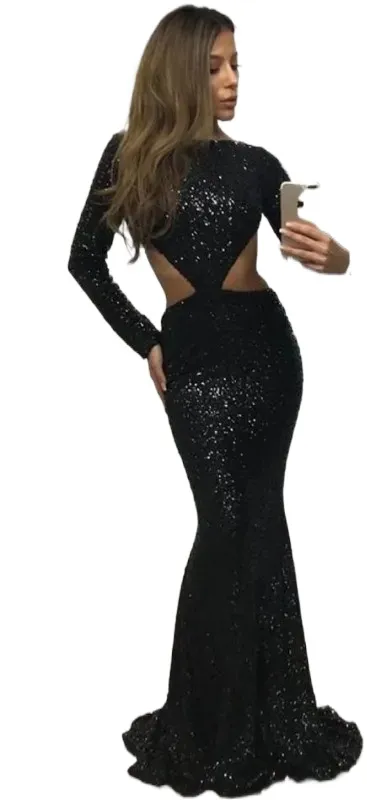Modest Sexy Black Sequin Mermaid Prom Dresses Long Sleeve Formal Evening  Special Occasion Gowns Long Skirt Cutaway Sides