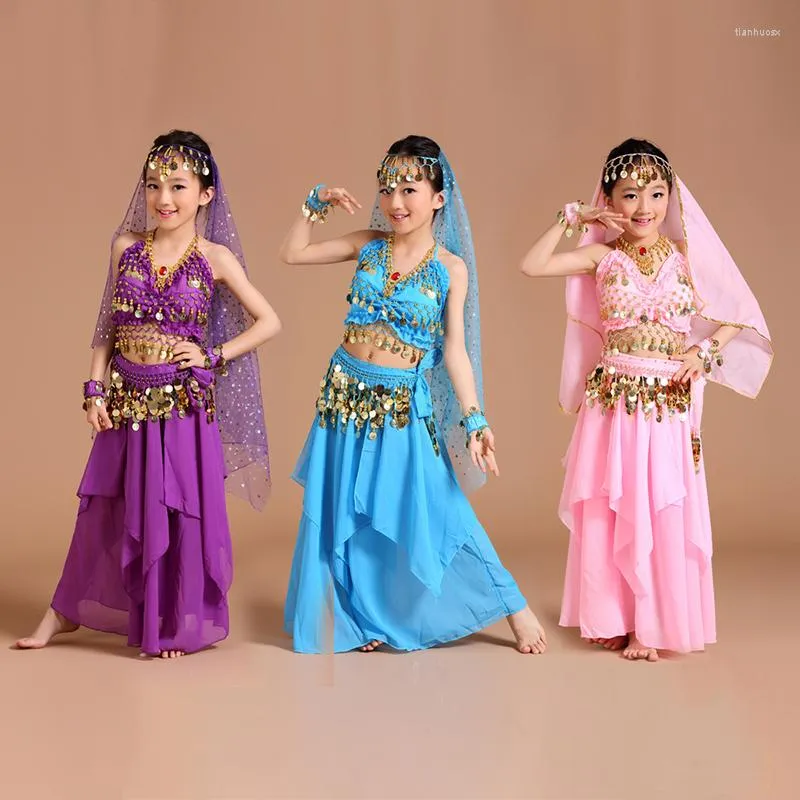 체육관 의류 5 조각 세트 벨리 댄스 의상 드레스 수제 아이 여자 볼리우드 공연 천