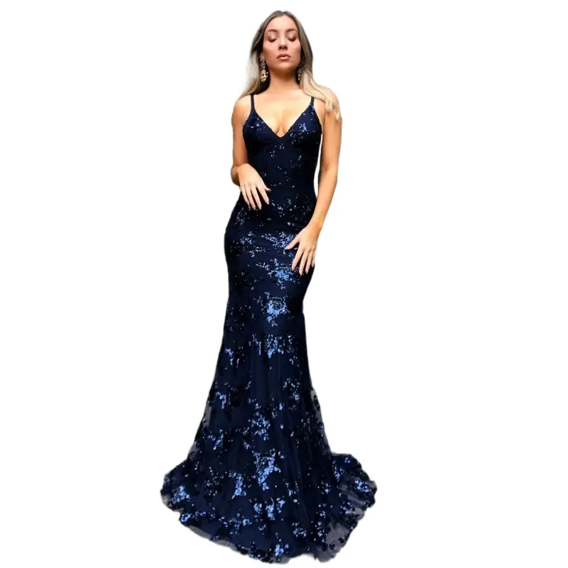 Navy Blue Glitz Lace Sequined Mermaid Prom Dresses Sexy Deep V Neck Backless Prom Gowns Vestidos De Festa