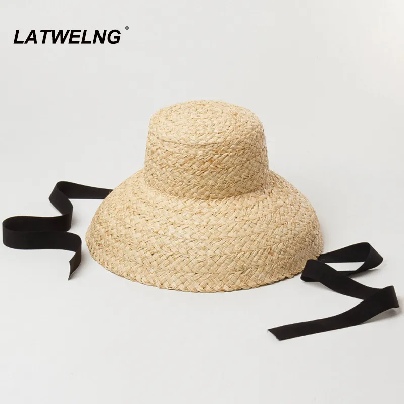 Vintage Flat Top Rafia Summer Sun Hat Moda Hecha A Mano Vendaje