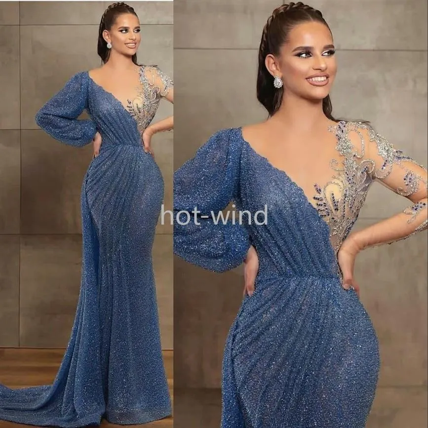 2022 Nouveau Bleu Robes De Soirée Jewel Cou Perlé Paillettes Dentelle À Manches Longues Sirène Robe De Bal Balayage Train Personnalisé Illusion Robes De 234Y