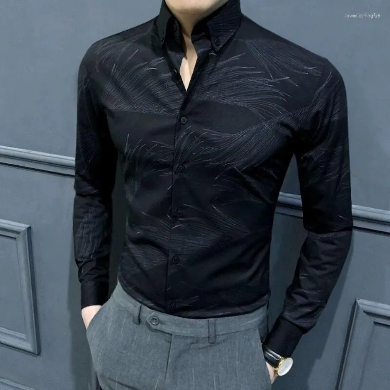 남성용 캐주얼 셔츠 셔츠와 블라우스 도트 인쇄 된 남성 탑 인쇄 긴 소매 패션 2023 한국 스타일 실크 우아한 칼라 코튼