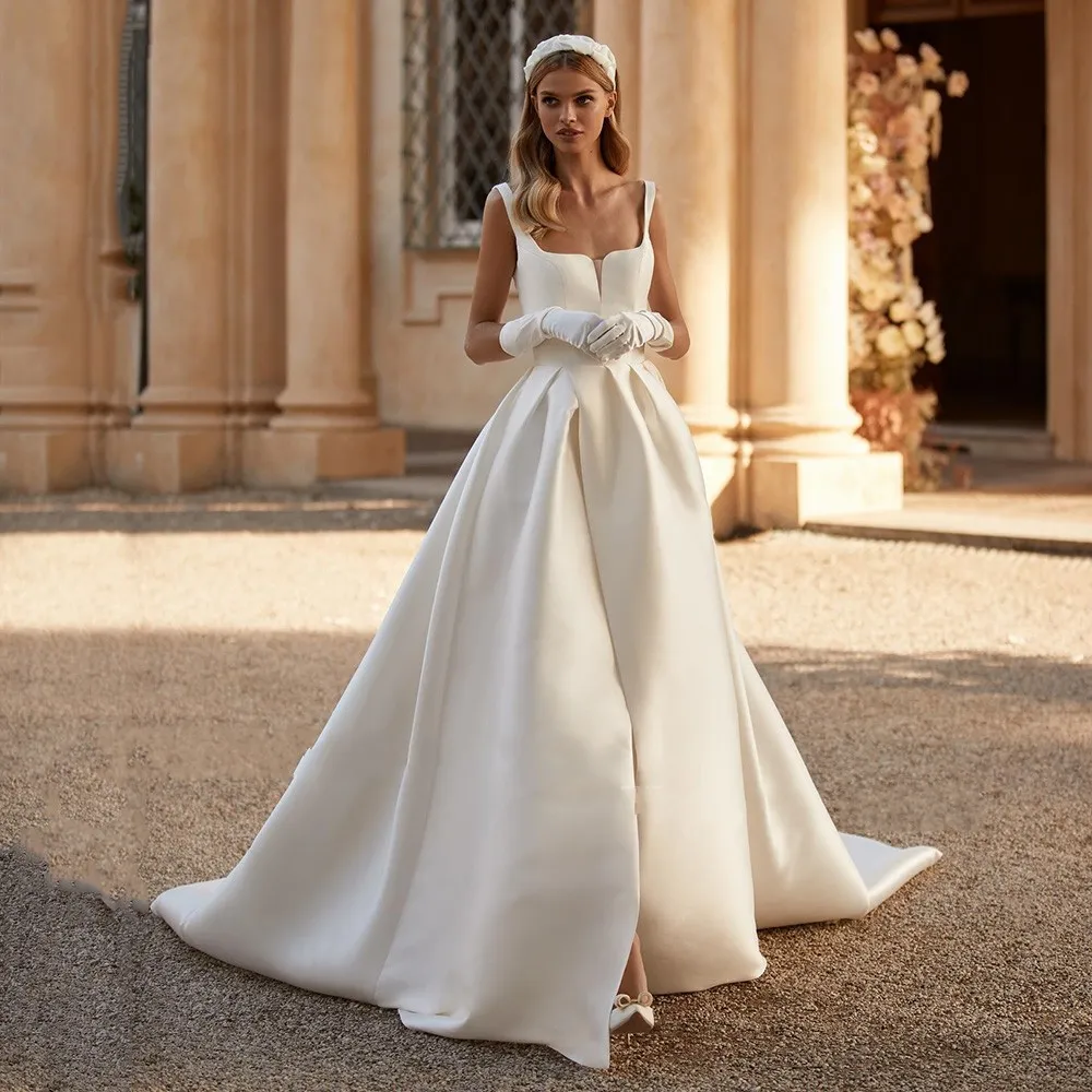 2024 Vintage Satin Line A Wedding Dress With Square Collar 2024 Vintage Satin Line A Wedding Dress With Square Collar