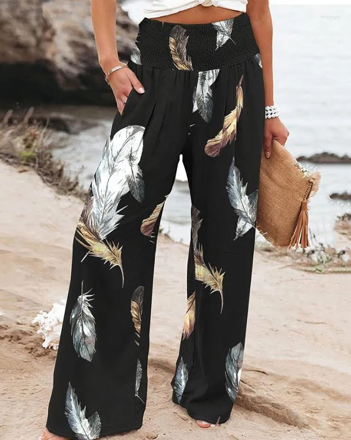 Women's Pants High Waist Wide Leg Casual Feather Print Trousers Summer Pocket Shirred Design Daily Vacation Fashion Women Pant Streeet