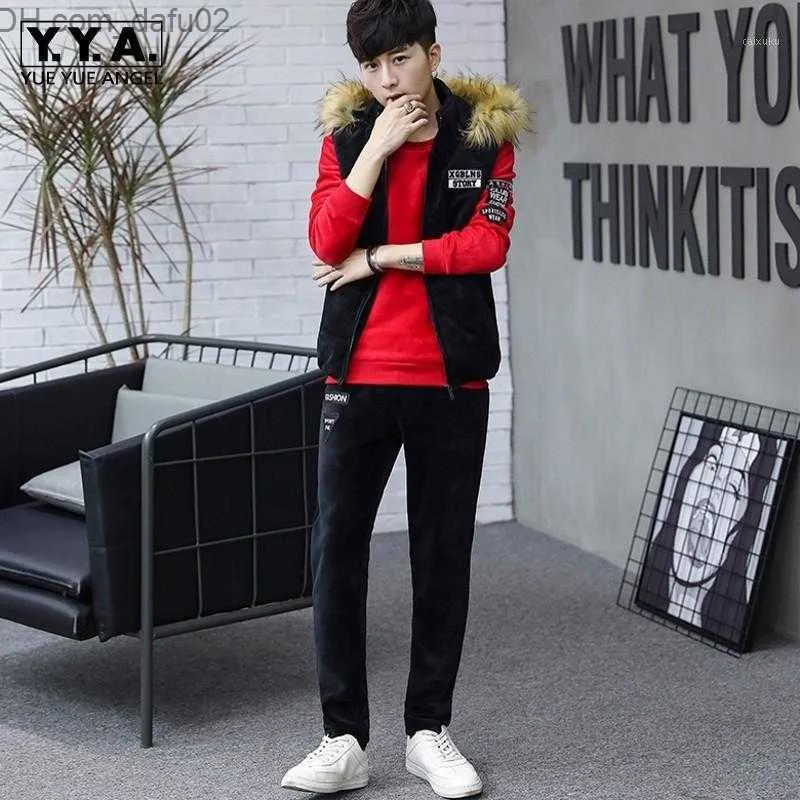 Men's Tracksuits Mens Sportswear Fashion Sports Suit Autumn Winter Warm Casual Pullover Sweatshirt Hooded Vest Pants Three Piece Set Men's Tracksuits Z230725