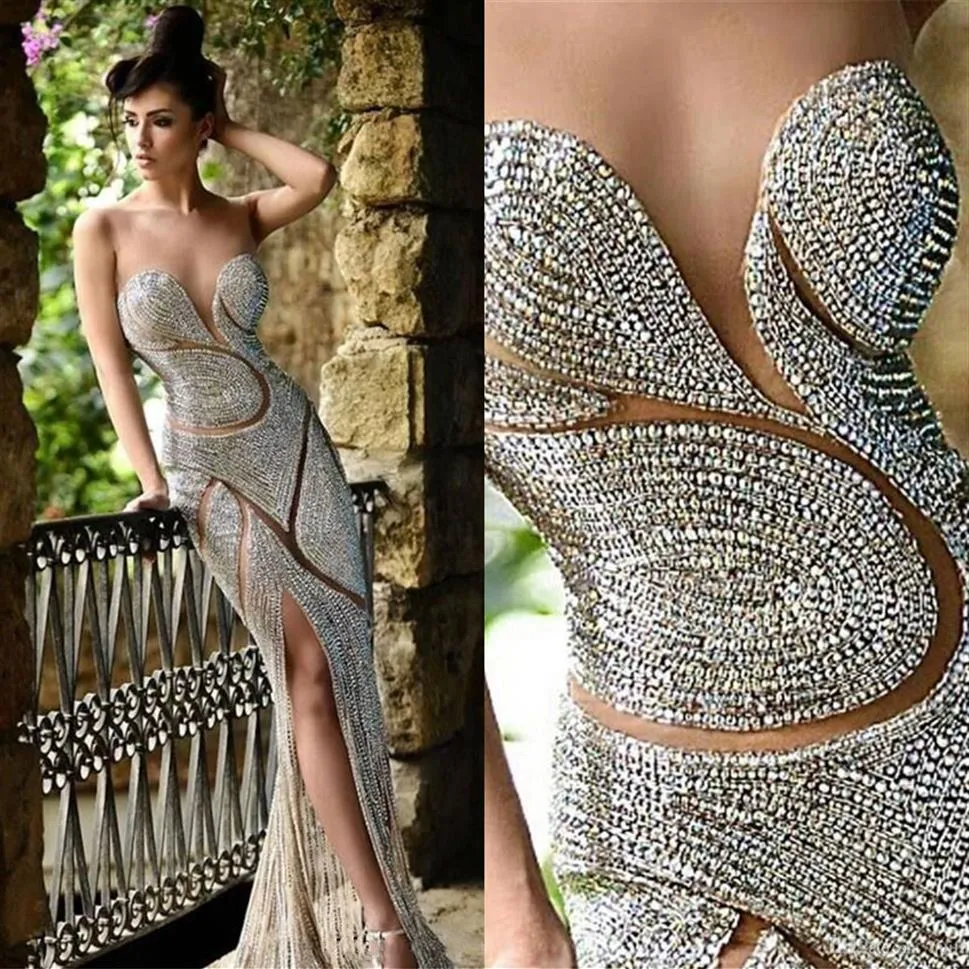 Luxo Rami Salamoun Vestidos de noite Jóias Rhinestone Backless Mermaid Vestidos de Baile Decote Transparente Sem Mangas 100% Real Pos Pagea213f