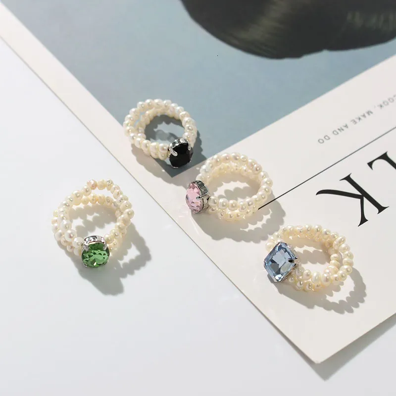Wedding Rings Natural pearl beads stretch rings for women green pink stone elastic adjustable rings for teenage egirl y2k cute summer jewelry 230724
