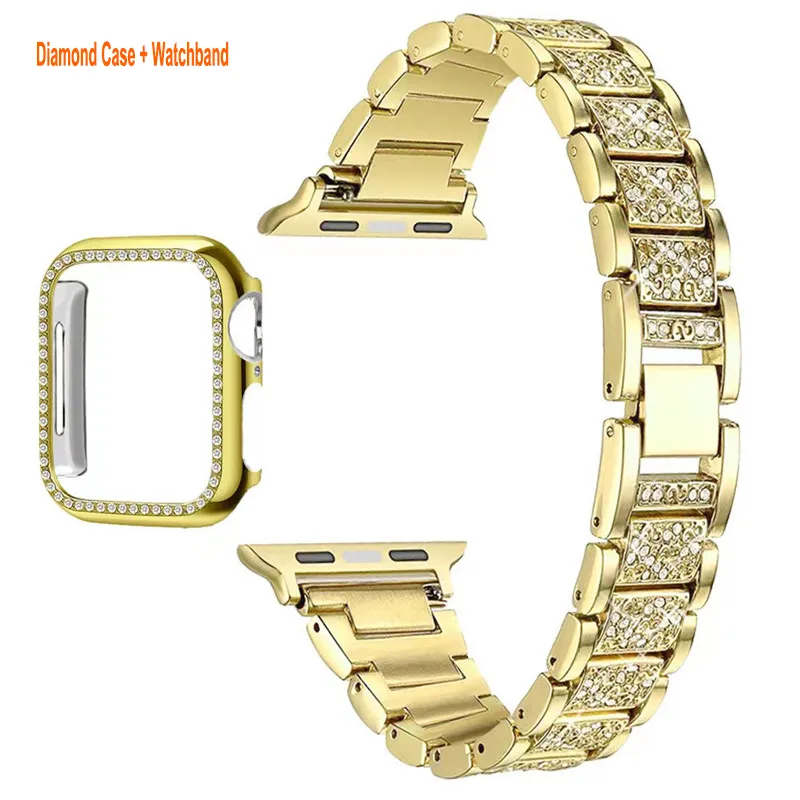 Bling Diamond Apple Watch Band 38mm 40mm 41mm 42mm 44mm 45mm 49mm + Fall Kvinnor smycken Rhinestone Replacement Metal Strap 2 Pack PC Protector Case For IWatch Series 8 7 6 5