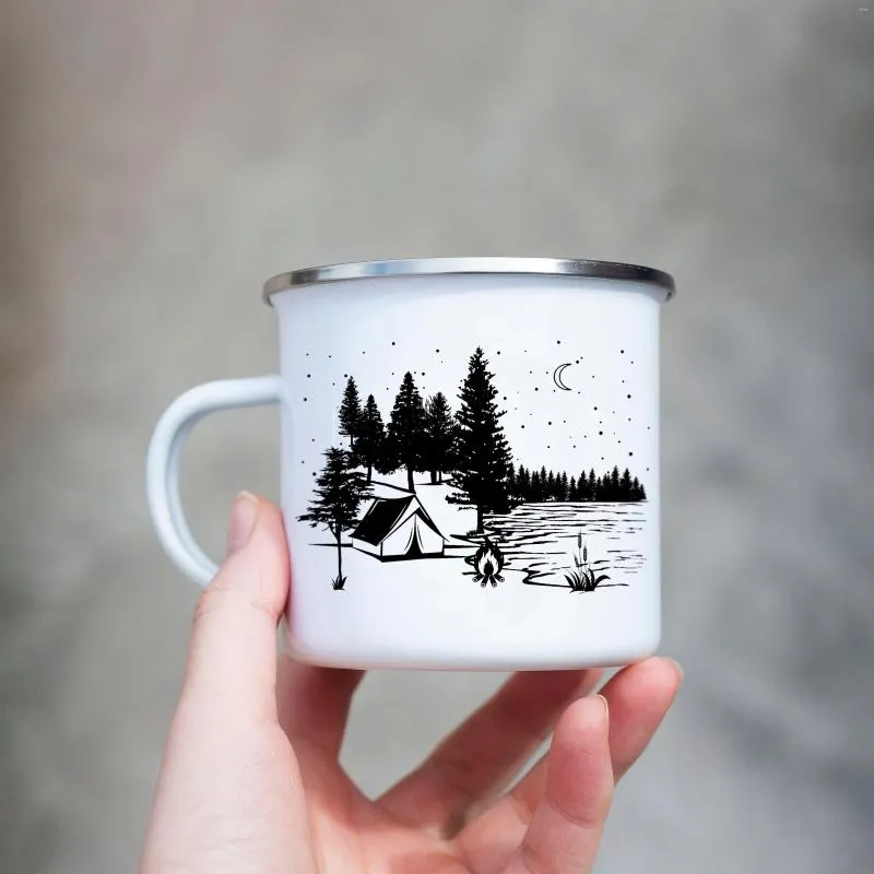 Canecas Moon Trees Lake Esmalte Camping Mug 11 onças Camper Campfire Coffee Friends Presente de Aniversário