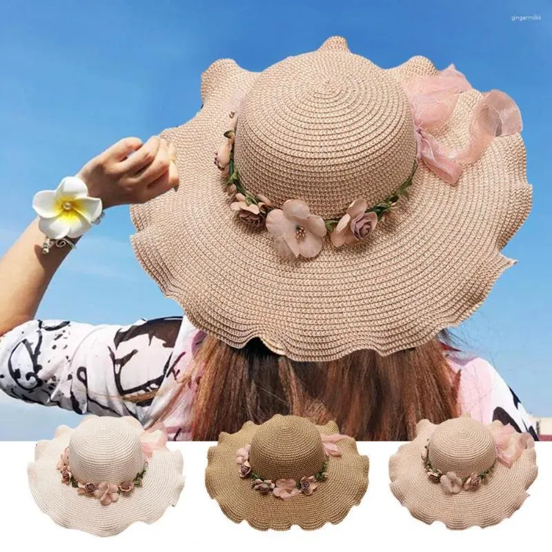 Womens Lace Up Straw Hat With Flowers With Wide Brim, Bowknot, And