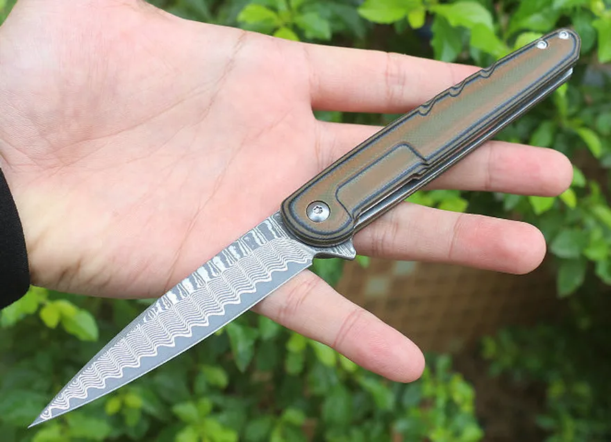 Flipper Folding Knife VG10 Damascus Steel Blade Stainless Steel + G10 Handle Ball Bearing Fast Open EDC Knives MM