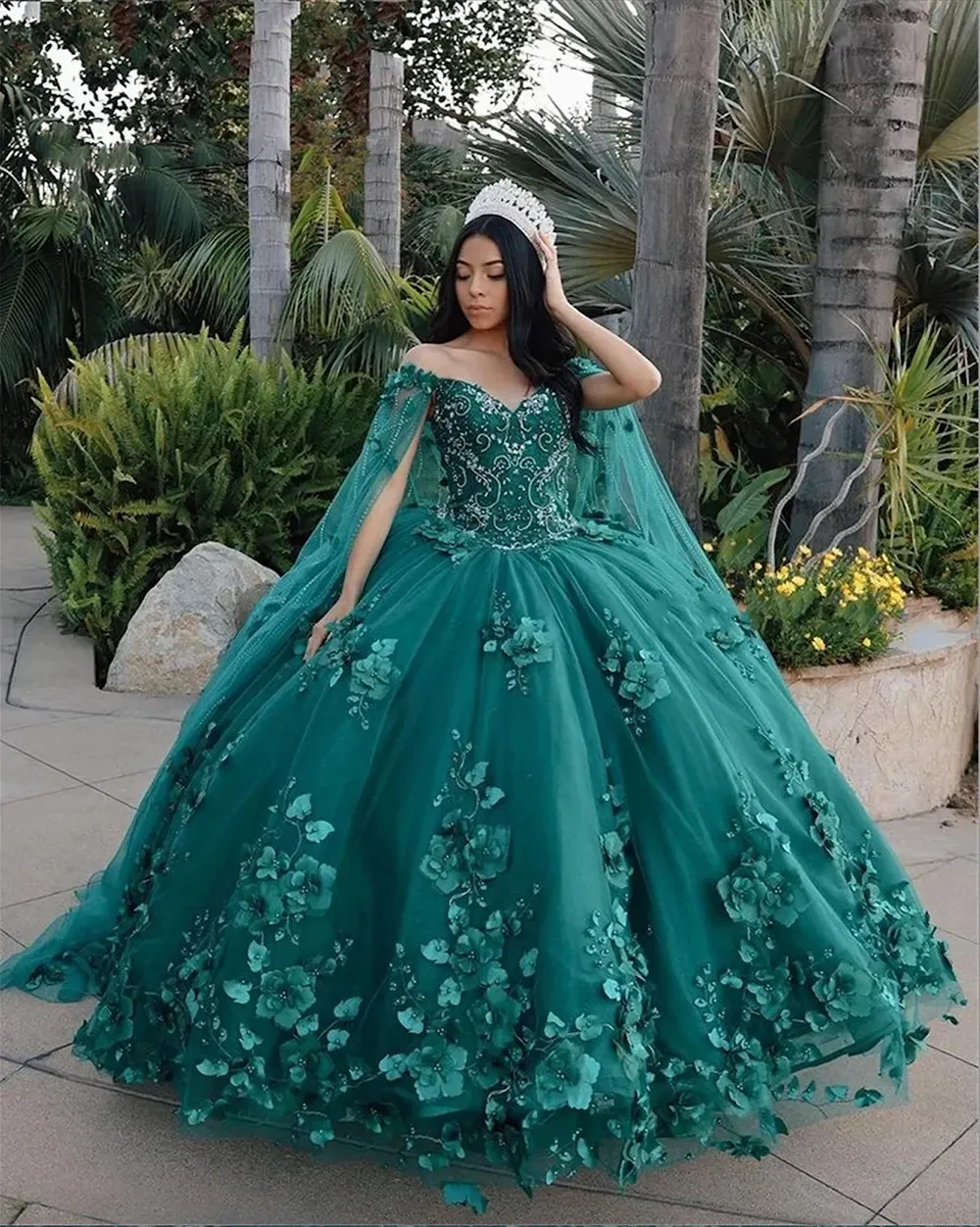 Hunter Green Tulle Quinceanera Dresses Ball Gown Birthday Party Dress Lace Up Graduation Gown vestidos de quinceanera 2023 With Cape