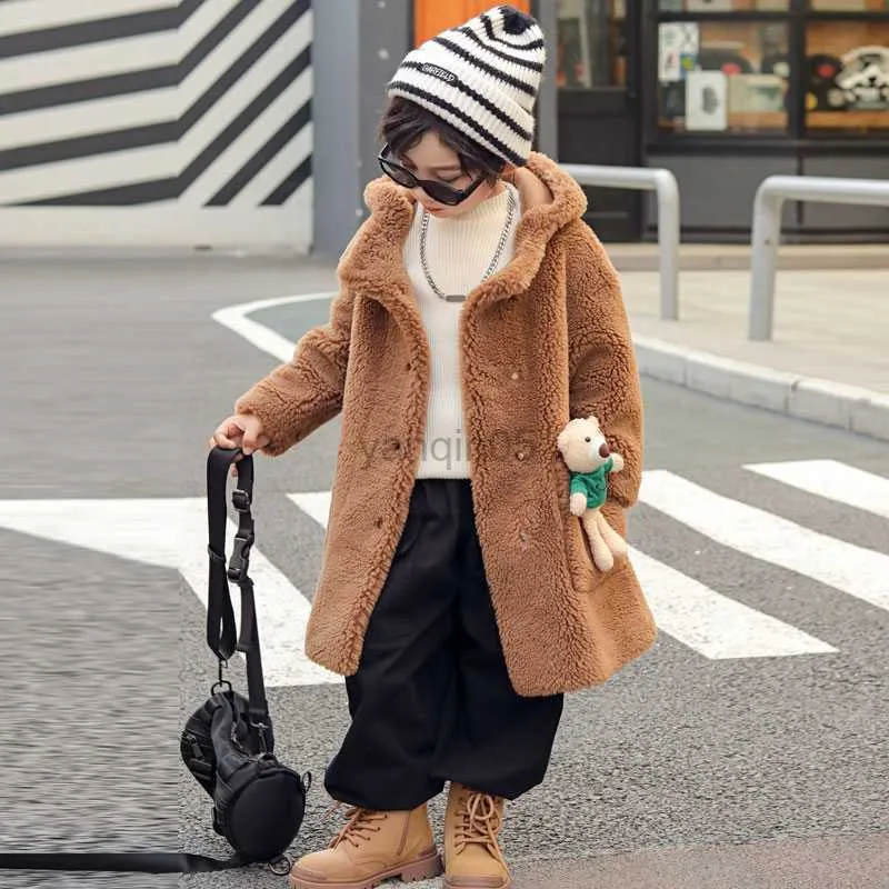 Kids Winter Lamb Fur Coat: Girls Warm Hooded Shearling Jacket