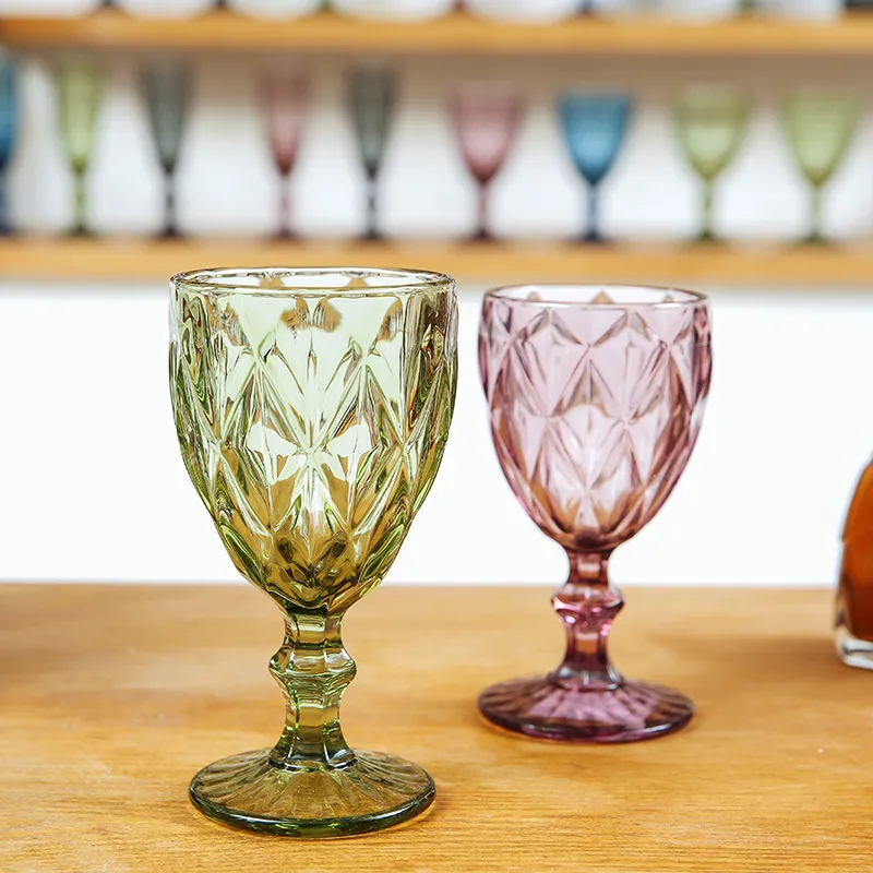 Verres à vin SZ 10 oz gobelet en verre coloré avec tige 300 ml motif Vintage verres romantiques en relief pour la fête de mariage