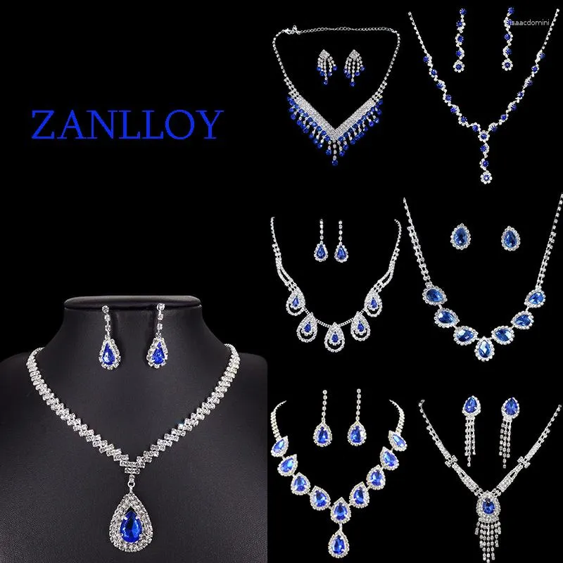 Halsband örhängen set lyxig blå strass silver pläterat bröllopsfest mode kristall brud smycken damer gåva